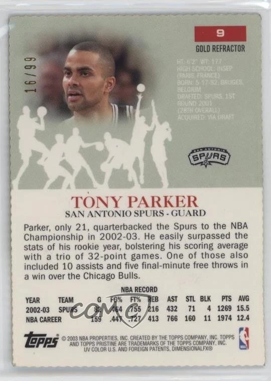 2003-04 Topps Pristine Gold Refractor /99 Tony Parker #9 HOF - Image 2 of 2