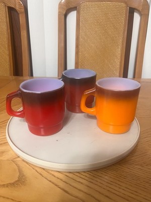 VTG. LOT OF 3 STACKABLE 1960'S FIRE KING ANCHOR HOCKING MUGS ORANGE BROWN RED
