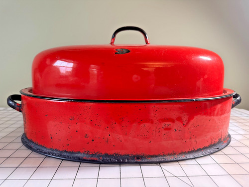 Vintage Rare Red Enamel Savory Roaster w Lid Large Oval Farmhouse Kitchen Decor