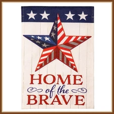 EVERGREEN GARDEN FLAG * HOME OF THE BRAVE * EMBELISHED BURLAP - BRAND NEW