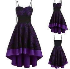 Womens Gothic Lace High Low Dress Vintage Punk Corset Swing Dress Party Cocktail