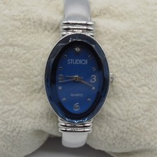 Studio Women Watch 22mm Blue Oval Dial Silver Tone Cuff Band, Runs