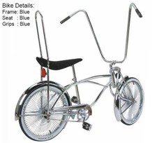 20" LOWRIDER BLUE BIKE W/144 SPOKE CHROME RIMS, 22" LONG HANDLEBAR & BENT FORK