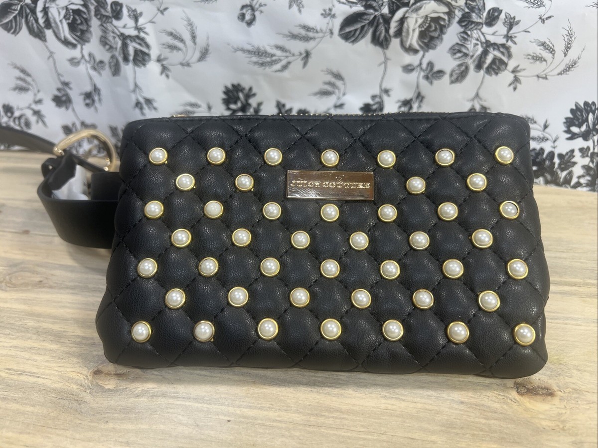 Juicy Couture Black Pearl Embellished Quilted Zip Waist Belt 