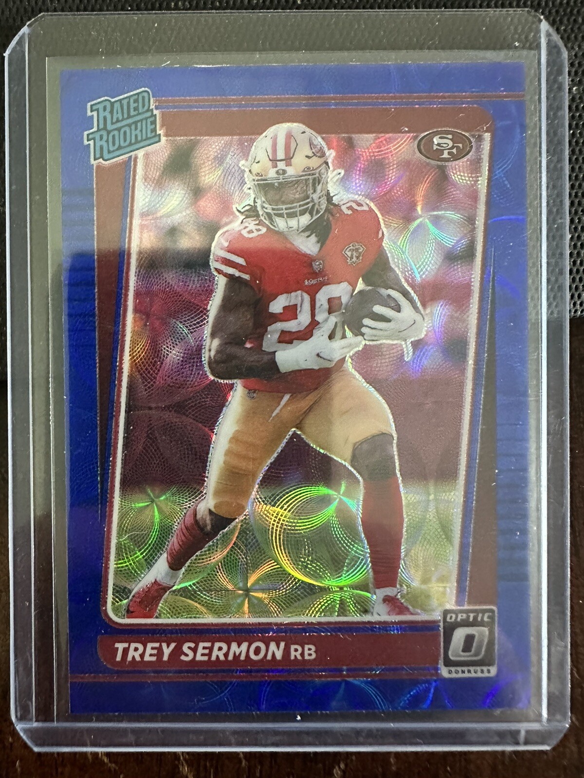 2021 Panini Donruss Optic Trey Sermon Rated Rookie Blue Hyper Prizm Card #224