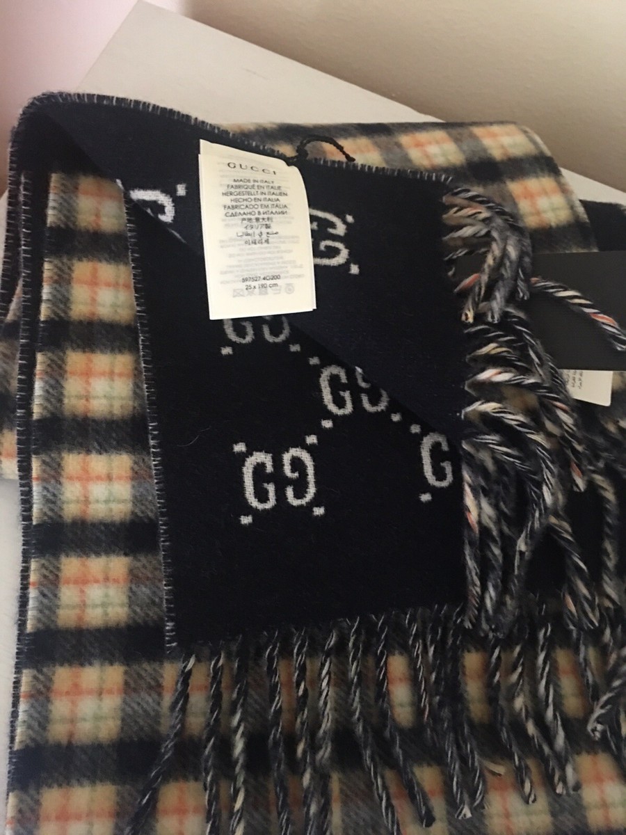 NWT Gucci 597527 4G200 Plaid Gg Pattern Wool 100 Reversible