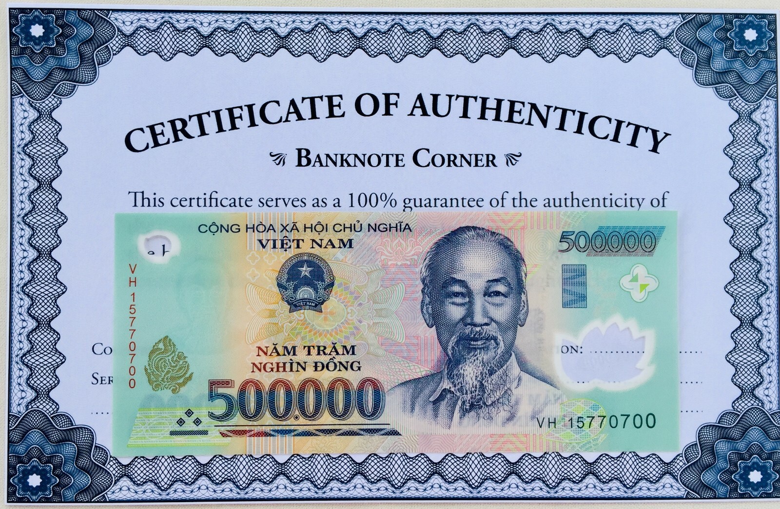 500,000 VIETNAM DONG UNC 500000 UNCIRCULATED UV PASS COA AUTHENTIC CERTIFICATE 