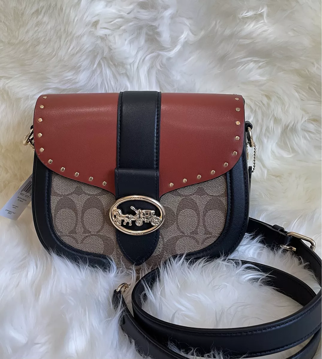 NWT Coach C3593 Georgie Saddle Bag In Colorblock Signature Canvas W Rivets 398