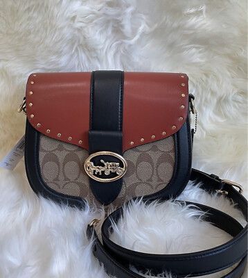 NWT Coach C3593 Georgie Saddle Bag In Colorblock Signature Canvas W Rivets  $398 195031187759|