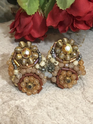 1. Miriam Haskell brass Tone Beige Brown Glass Clip On Earrings 16g, 1 1/4”