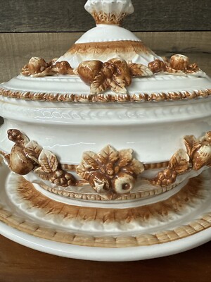 Vintage Ornate Brown Fruit Design Soup Tureen With Platter Lid And 