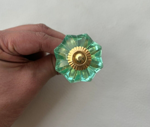 Tirador de manija de perilla verde de vidrio cortado de latón vintage para gabinete de puerta de cajón 2 piezas - Imagen 7 de 13