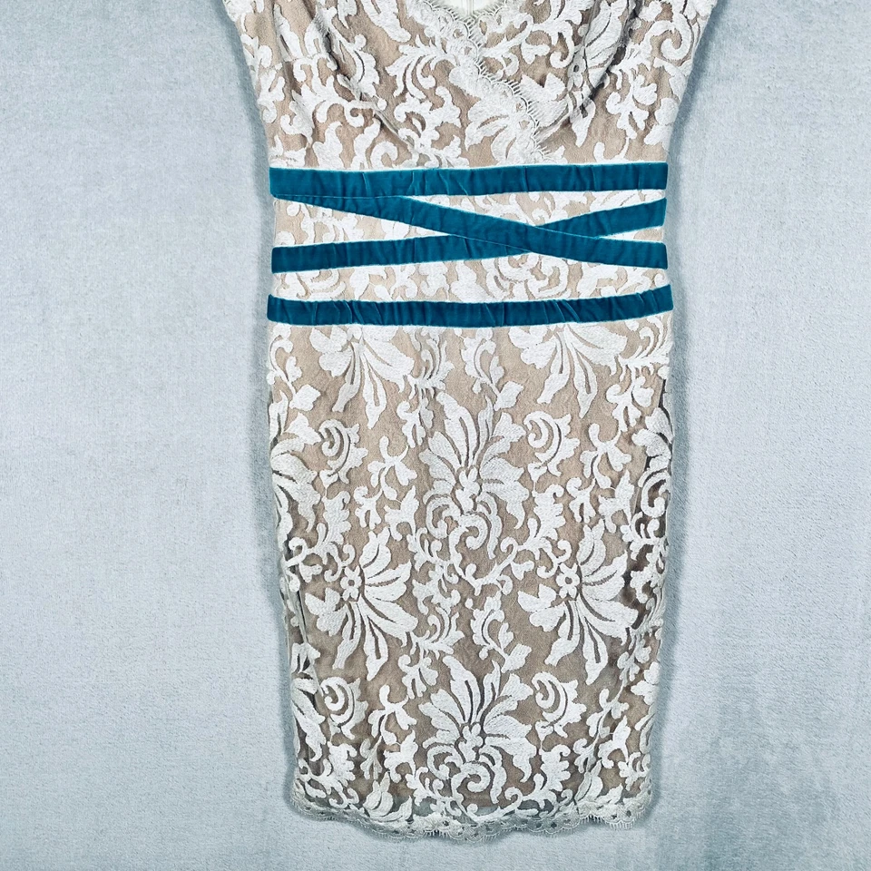 Vestido Tadashi Shoji Midi Mujer 6 Beige Encaje Cintura Imperio Cóctel Foto 2 de 4