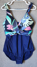 Maxine of Hollywood Sleeveless V Neck One Piece Swimsuit Blue/Floral Print Sz 12