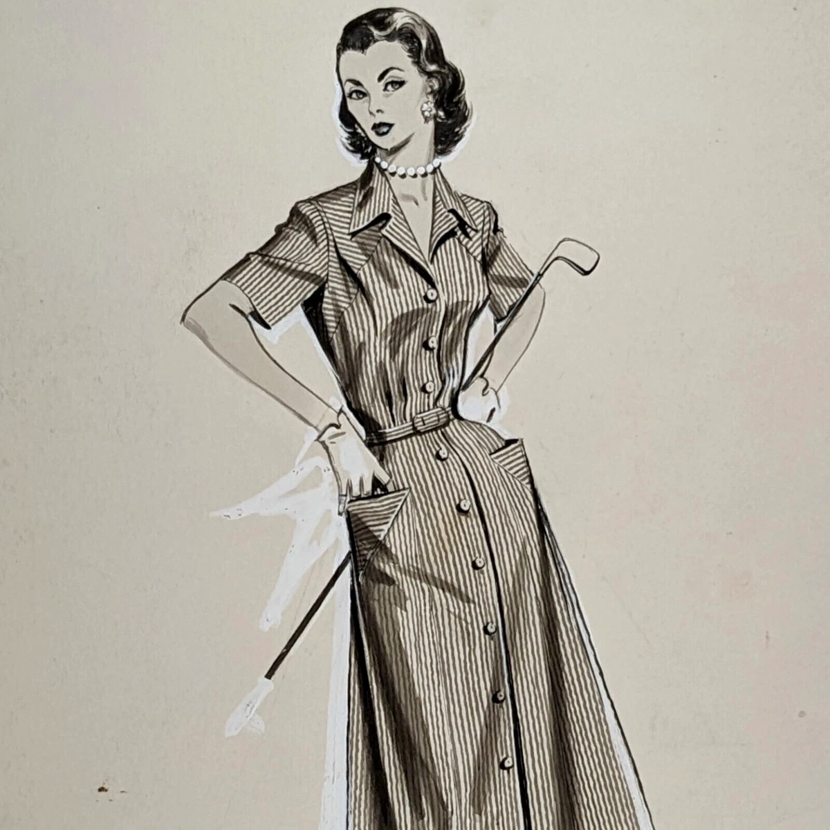 Vintage Fashion Art Drawing Striped Dress Womens Golf Attire Circa 1940s