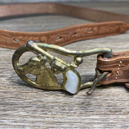 Horse & Gun Belt Buckle In Gold Metal & Pearly; 5/8th Wide Leather Embossed Belt - Picture 10 of 13