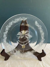 Duralex Frosted Glass Christmas Dessert Salad Plate Bell & Holly France Vintage