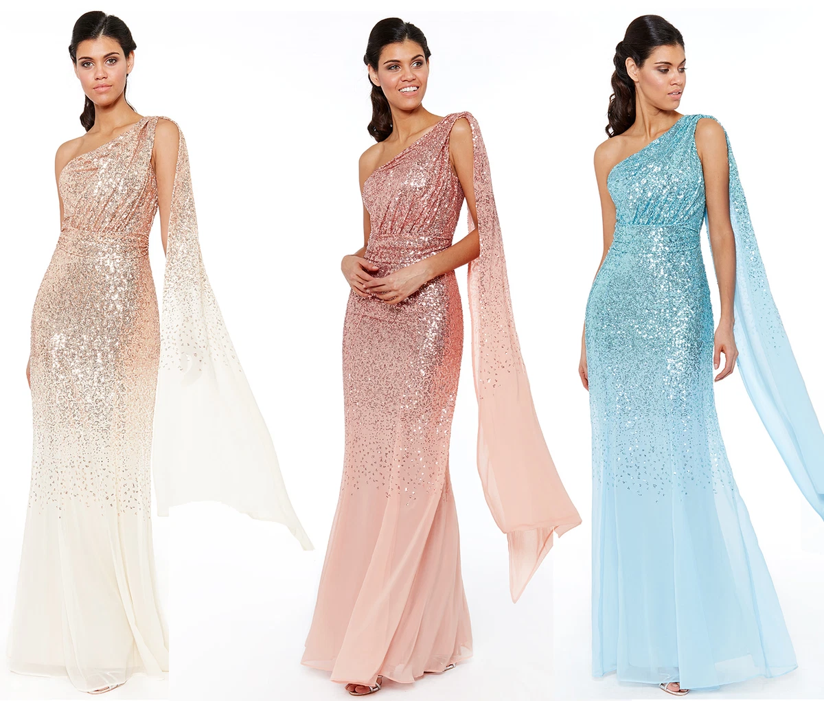 Goddiva Sequin Chiffon Sash One Shoulder Maxi Evening Dress