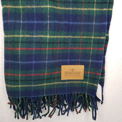 Pendleton Vintage Virgin Wool Throw Blanket 52x66 Blue Green Red Plaid Fringe - Picture 5 of 11