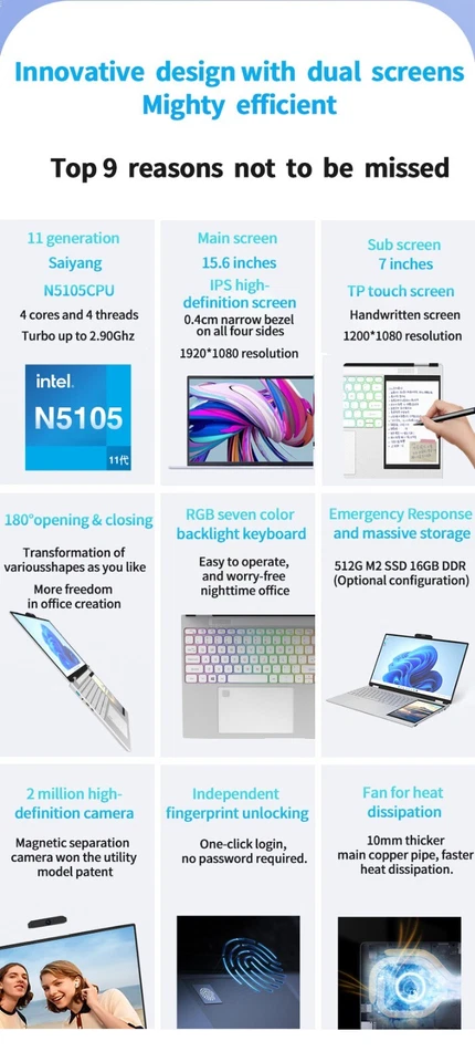 CHEAP FAST Windows 11 Laptop 15.6+7inch Dual Screen 16GB Ram 1TB SSD Notebooks - Image 4 of 4