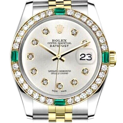 Rolex Datejust 31 mm Silver Diamond Dial Emerald & Diamond Bezel Two Tone Watch