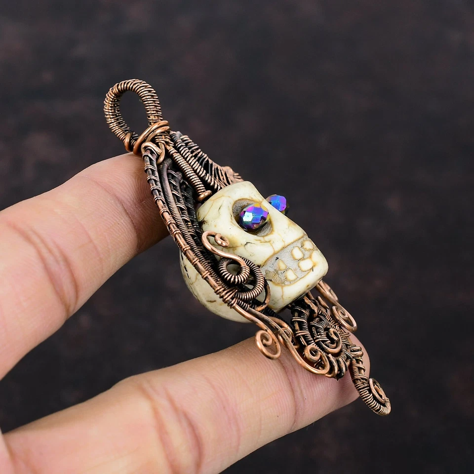 Howlite Copper Friend Gift Wire Wrapped And Skull Face Pendant 3.23" - Image 3 of 4