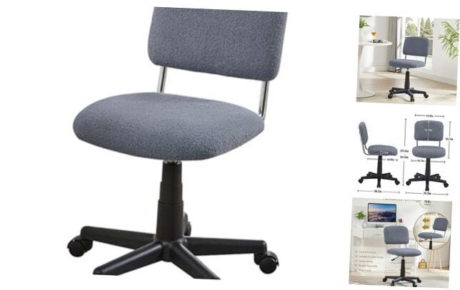 Armless Swivel Home Office Vanity Chair with Wheels and Soft Faux Fur Upholstery
