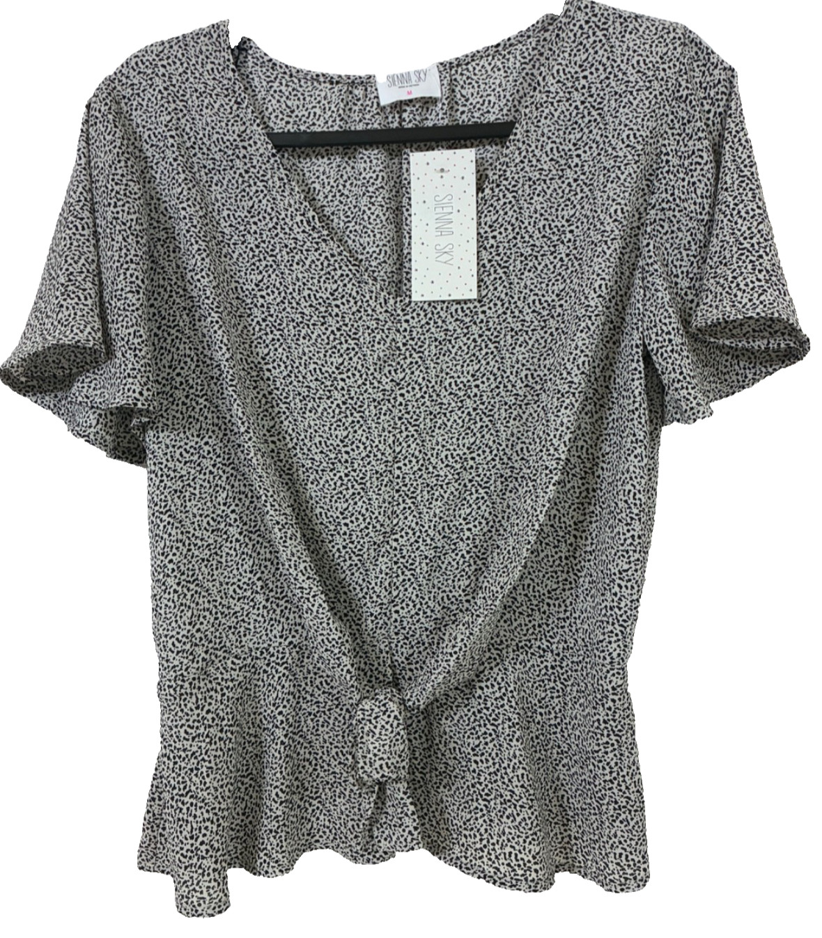 NWT Sienna Sky Top Blouse Short Flutter Sleeves Black and White Print Women's M