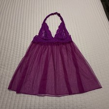 Victoria  s Secret Sheer Purple Lingerie Babydoll Halter Top Lace  Mesh S Small