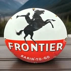 VINTAGE 12” FRONTIER GASOLINE RARIN’ TO GO PUMP PLATE PORCELAIN DOME SIGN