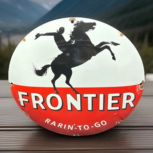 VINTAGE 12” FRONTIER GASOLINE RARIN’ TO GO PUMP PLATE PORCELAIN DOME SIGN