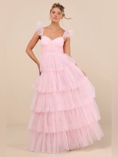 Lulus Fabulous Poise Light Pink Tulle Ruffled Tiered Maxi Dress Size Medium NWT