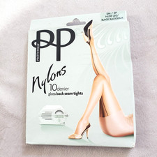 Pretty Polly Nylons Gloss Black Backseam Tights 10 Denier Nude Leg SM/SP New