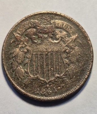 1864 Two Cent Piece 2c - Very Good Details VG, Env Damage - Exact Coin Shown