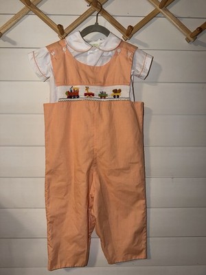 Bee Mine 4T Orange/White Smocked Embroidered Train Overall One-Piece