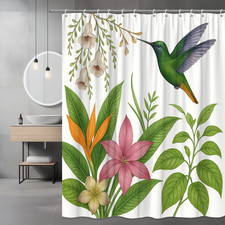 Colorful Floral Shower Curtain with Hummingbird Design