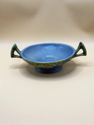 Vtg 1940s Roseville Pottery Blue Bushberry Footed Bowl w/ Two Handles 412-6 READ