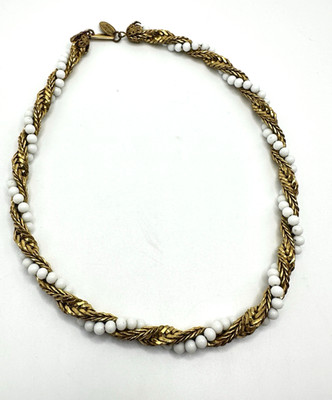 Vintage Miriam Haskell Double Strand White Bead and Gold Twist Necklace 14 inch