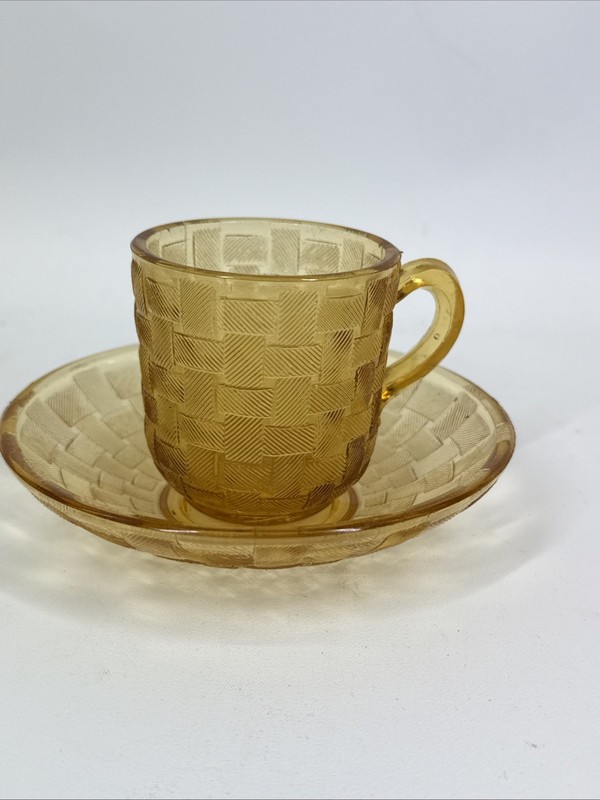 EAPG Basketweave Amber Cup and Saucer, Co Operative Flint Glass, c1880’s