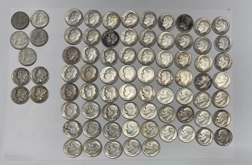 LOT OF 77 Mixed PRE-1965 Silver 68 Roosevelt +4 Mercury +5 Canadian Junk Silver