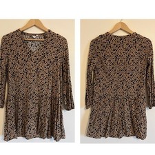 Gap Women Dress Small Leopard Brown Puff Sleeve Tiered Peplum Flowy Boho