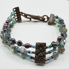 Handmade Triple Strand Gemstone Pearl Beaded Bracelet Rustic Boho Cottagecore