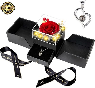 LED Light Preserved Real Red Rose w/ I LOVE YOU in 100 Languages Heart Necklace