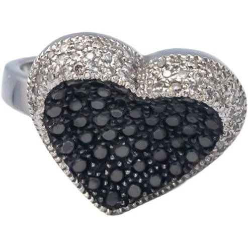 Anillo corazón racimo de diamantes blancos y negros de 1,0 quilates de oro blanco de 18 quilates talla 7,25