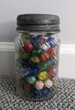 1930's Jumbo Peanut Butter Jar & Lid With 95 Vintage Marbles Inside