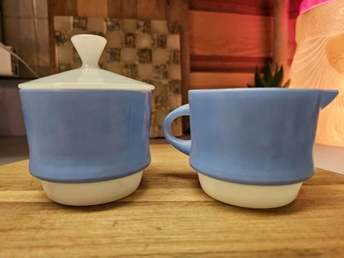 Vintage Creamer & Sugar Bowls Blue And White Ancher Hocking Fire-king MCM Retro