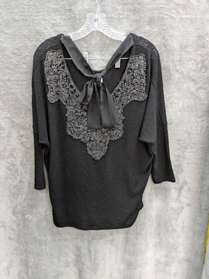 Womens Knit Top XL Black Intricate Neck Detail Tie Elevated Closet Staple