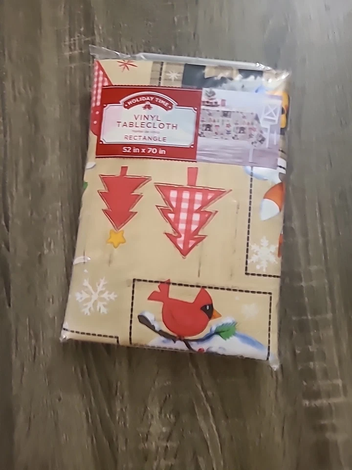 CHRISTMAS CABIN PATCHWORK Vinyl Tablecloth Rectangle 52" x 70" Bear Fox Cardinal - Image 4 of 4