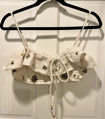 Zara White Floral Embroidered Ruffle Tie Front Spaghetti Strap Crop Top S
