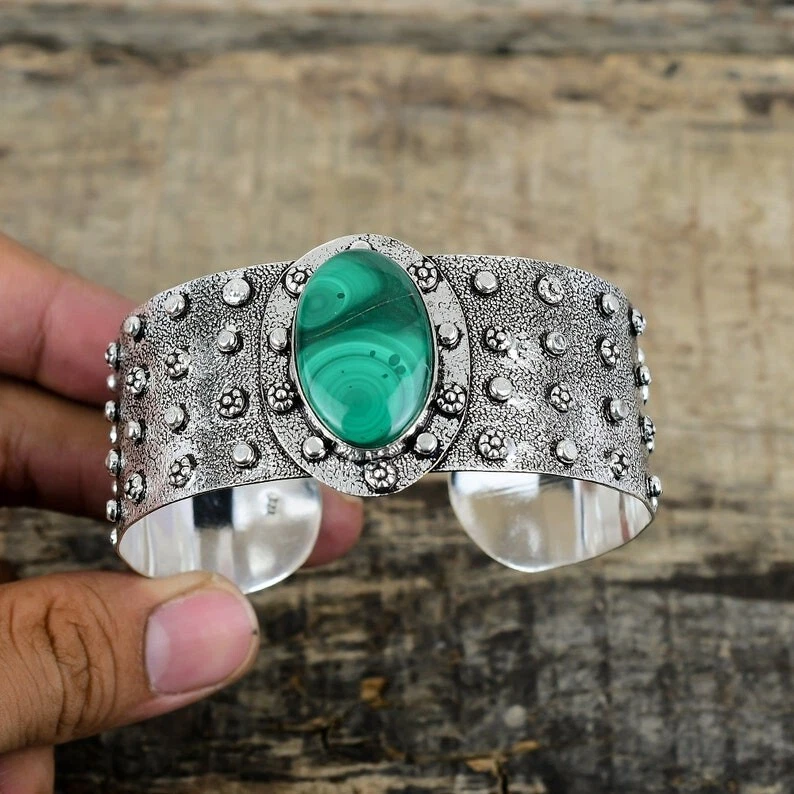 925 Sterling Silver Malachite Gemstone Handmade Jewelry Cuff Bracelet ADJ - Image 2 of 4